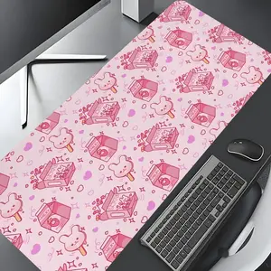 Kawaii Pink Bunny Strawberry Milk Design Large Gaming Mouse Pad,Aesthetic Desktop Drotection Pad,,Washable Rubber Pad Non-Slip Lock Edge Multi-Size Mouse Pad Suitable For Home Office,Good Gift for Family and friends,Cute Desk Accessories