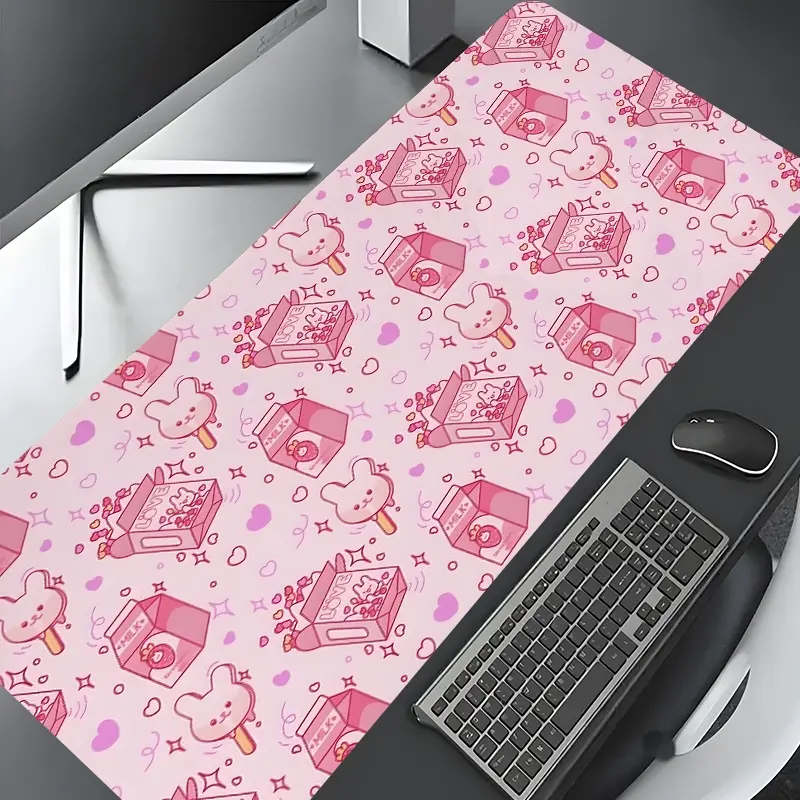 Kawaii Pink Bunny Strawberry Milk Design Large Gaming Mouse Pad,Desktop Protection,Washable Rubber Non-Slip Lock Edge Multi-Size For Home Office,Gift for Family & Friends,Cute Desk Accessories,Office Essentials,Cute Office Supplies For Work