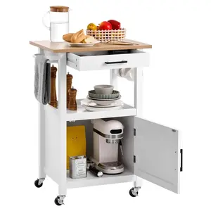 Kitchen Island Cart with Single Door Cabinet, Mobile Carts with Drawer, Towel Rack, Hooks, Portable Table on Swivel Wheels, Small Coffee Islands Microwave Stand for Dining Room, 18x23 in, White