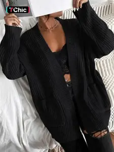 2026 New Model Women's Halloween Themed Plain Textured Pocket Open Front Cardigan, Casual Style Long Sleeve Fit Cardigan, Ladies Knitwear for Fall Daily Wear Womenswear Tops