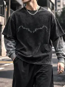 Men’s Cotton Washed Layered Long Sleeves T-Shirt | Vintage Double Sleeve Tee, Loose Fit Streetwear Grunge Top