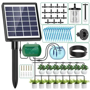 Solar-Powered Automatic Drip Irrigation Kit with Timer, 12 Modes, Water Level Alarm, 15 Plants, 15m Tube & Drippers, for Indoor Outdoor Garden, Balcony, Greenhouse & Potted Plants