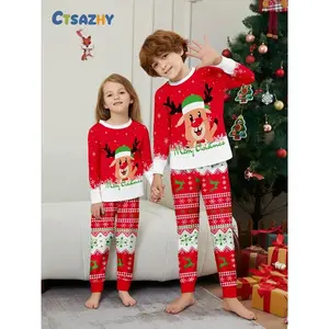 Reindeer Print Pajamas Set, Casual Fitted Sleepwear for Boys & Girls, All Seasons Comfortable Home Wear