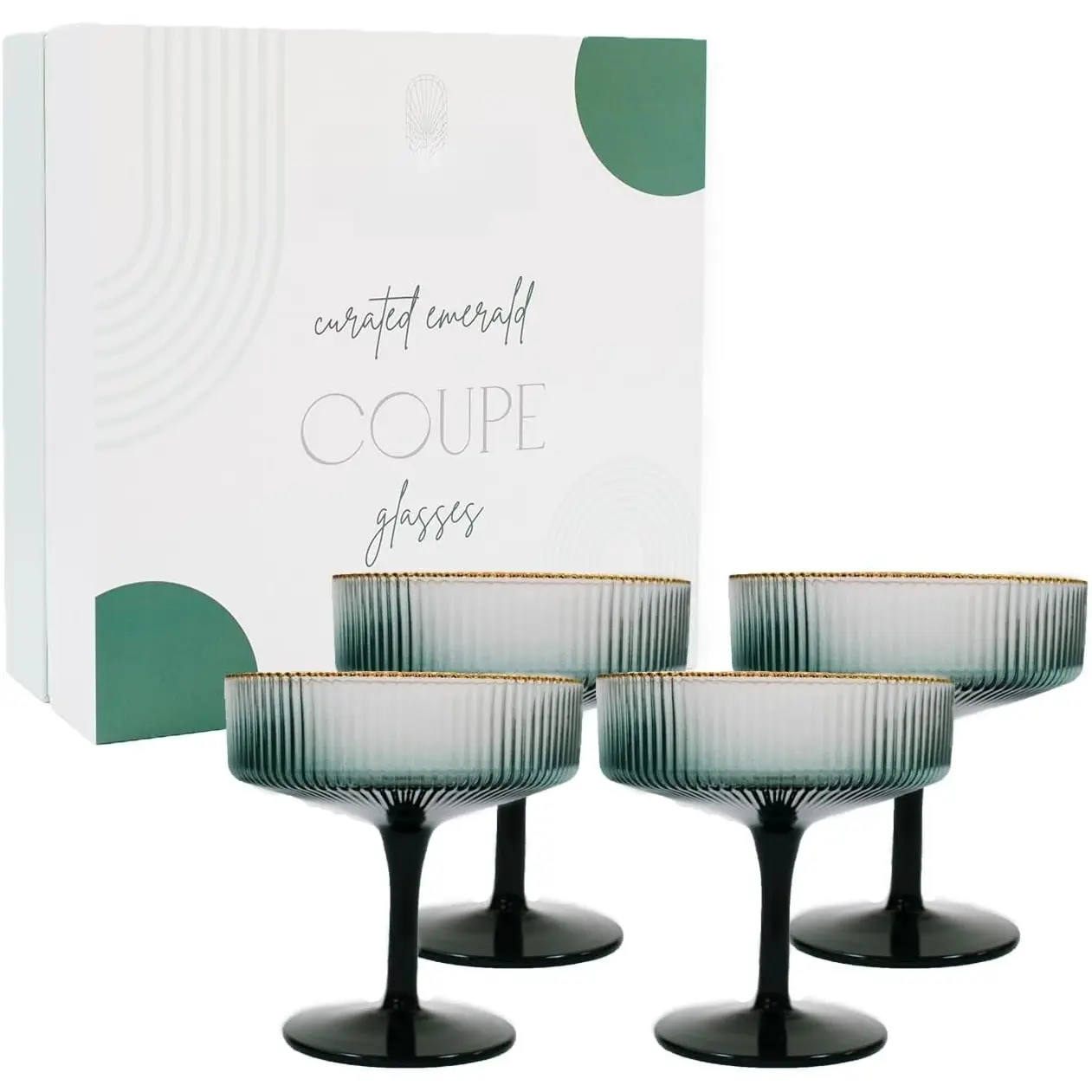 Green Coupe Glasses Set of 4 Glasses with  Rim (8 Oz) Art Deco Coupe Glasses, Ribbed Martini  Glasses  Box,  Champagne Glasses, Espresso Martini Glasses