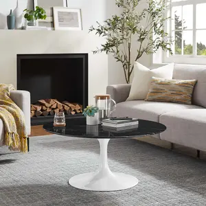 Modway Lippa 36" Round Artificial Marble Coffee Table in White Black