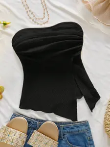 Casual Strapless Crop Top, Solid Color Textured Fabric Ruched Bodycon Bra, Slim Fit Asymmetrical Hem Summer Party Camisole