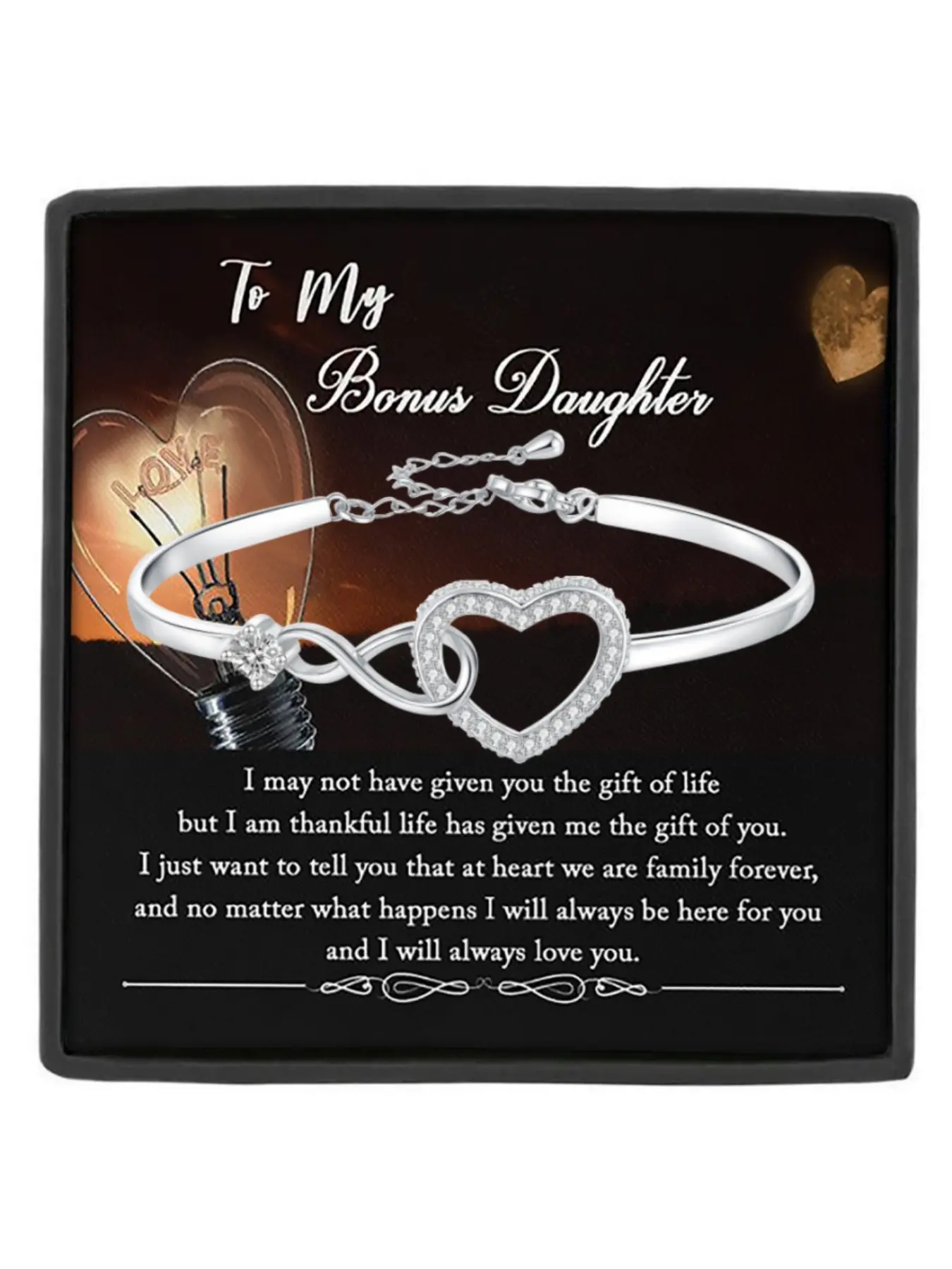 To My Beautiful Bonus Daughter Bracelet Infinity Heart CZ Bangle Bracelet Birthday Gift,Christmas Gift Unbreakable Love Gift Heart Zirconia Bracelet Heart Cuff Bracelet