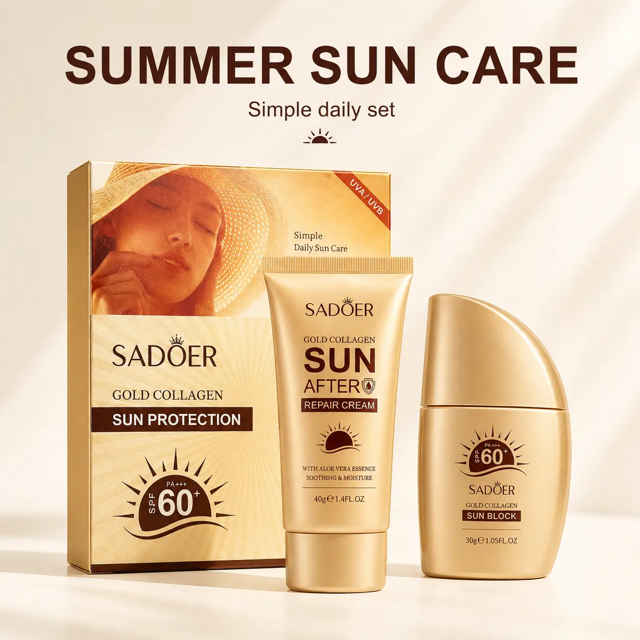 Gold Collagen Sun Care Set, 2-Piece SPF 60+ Sunscreen and After Sun Creams for Face & Body, Lightweight Protection for Adults, Body Sunscreen, Sunscreen Everyday