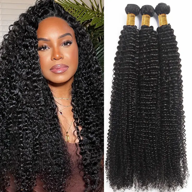 Glulaze Mongolian Kinky Curly Human Hair Bundles with 4x4 Lace Closure Kinky Curly Weave Extensions for Sew In Quick Weave Multiple Lengths Available, Volumizing Human Hair Extensions & Pieces, Mongolian Hair
