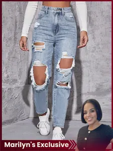 【Marilyn's Exclusive】Women's High-Waisted Straight Leg Ripped Denim Jeans, Casual Comfortable Breathable Street Style Spring Pants, Fitted Long Regular Fit