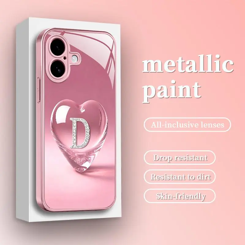 Suitable for [iPhone 16 ] Personalized Luxury Metallic Glass Phone Case, Cute Pink Heart Rhinestone Pattern, Initial Letter A-Z, Aesthetic Bling Cover, Perfect Gift for Women and Girls -JS996