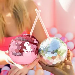 New 12 PCS Rose Gold Reusable Flash Ball Cocktail Cups - 20Oz Disco Party Cups with Lid Reusable Straw and Machine Washable - Perfect for Nightclub Bar Supplies Wine Drinking Syrup Tea Bottle and Party Decorations Drinkware Plastic