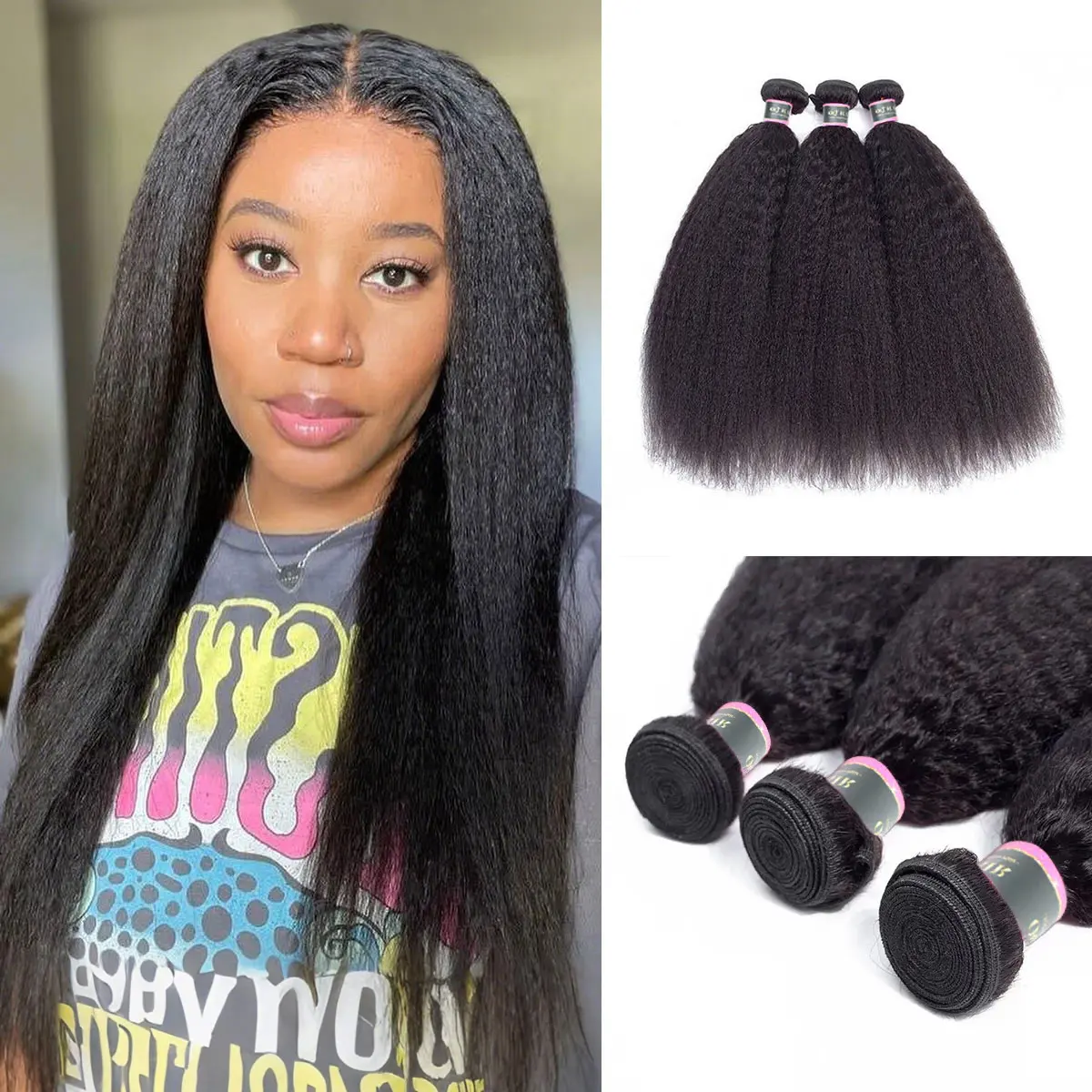 OQ HAIR 1/3 Pcs Kinky Straight Human Hair Bundles Natural Color Unprocessed Brazilian Hair For Women OQ HAIR 1/3 Pcs Kinky Straight Human Hair Bundles Natural Color Unprocessed Brazilian Hair For Women