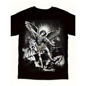 100% Cotton Archangel Michael Defeating Satan T-Shirt - Black Religious Battle Art Graphic Tee, Casual Short Sleeve Round Neck Shirt with Dramatic Michael & Satan Print, Loose Fit for Church Events, & Casual Attire