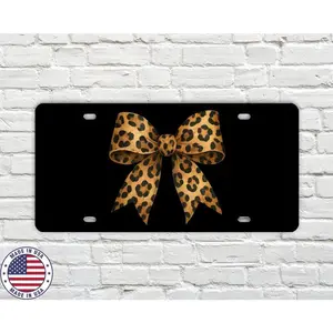 Leopard Print Bow License Plate| 12x6 Aluminum Front Tag Black Background UV Printed Vanity Plate| Car/Truck Accessories