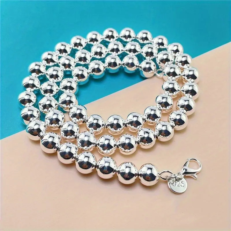 925 Sterling Silver 8mm Bead Necklace - Handmade Hollow Ball Jewelry, Unisex, Elegant, Suitable for Daily Wear & Parties, Ideal Christmas Gift