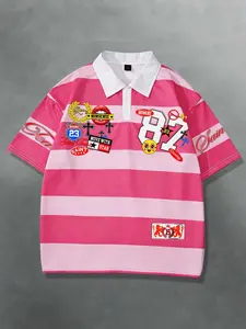 Fashion Pink and White Stripe Printed Polo Collar Short sleeved T-shirt for Men and Women, Same Style 87 Number Cross Collar T-shirt for Men, Short sleeved Polo Shirt for European and American Leisure Casual Unisex