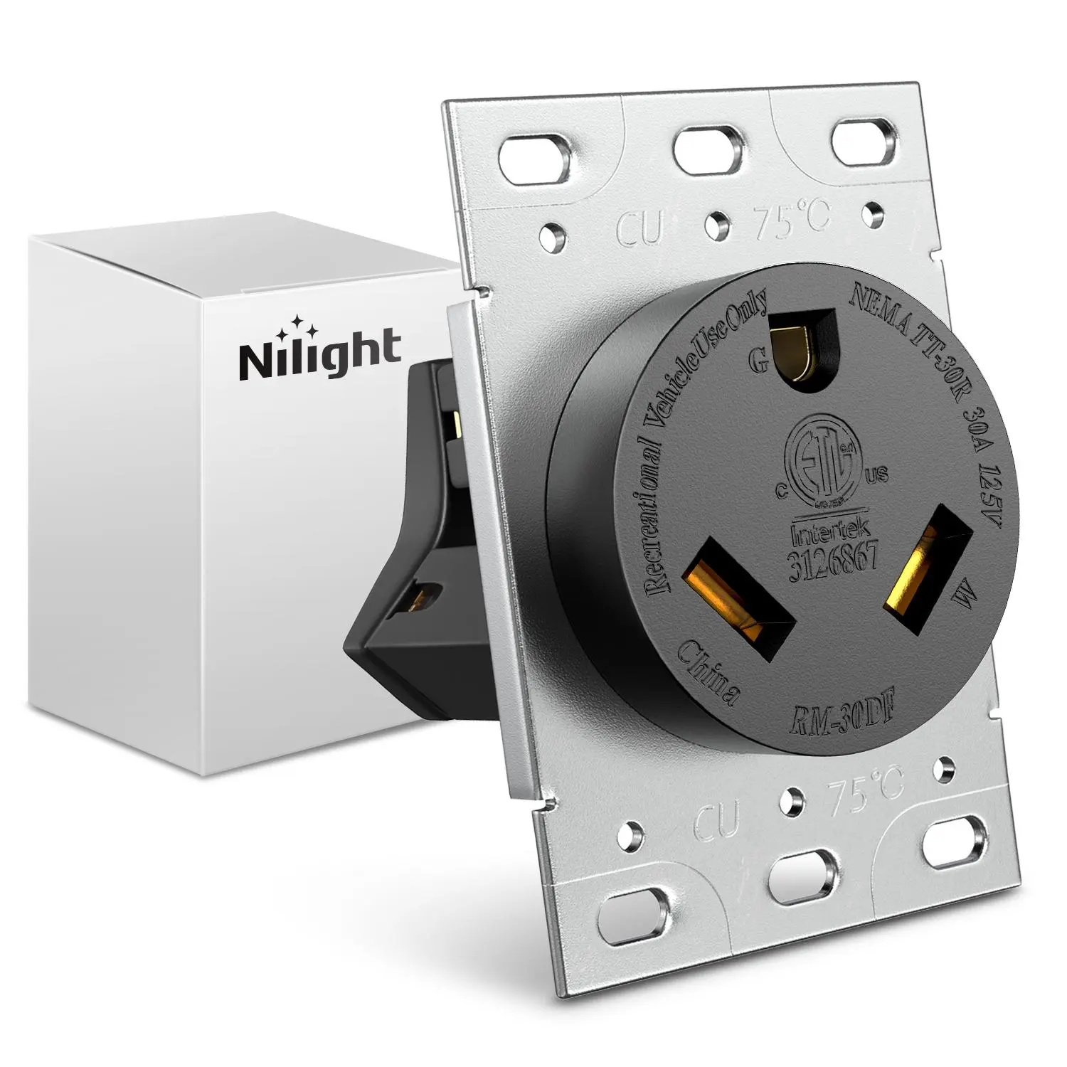 Nilight 30AMP 125V NEMA TT-30R ETL Listed Galvanized Steel Nylon Flush Mount RV Power Receptacle - Grounded Wall Plate Replacement for 30a Travel Trailer, Campers, Food Trucks, Generators, Grounded Plug