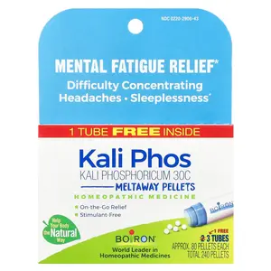 Boiron Kali Phosphoricum, Mental Fatigue Relief, Meltaway Pellets, 30C, 3 Tubes, Approx. 80 Pellets Each