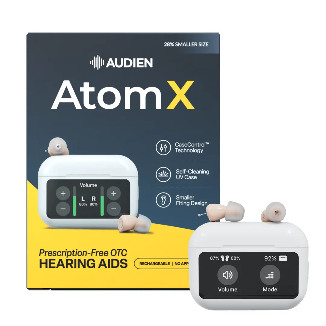 Audien Atom X OTC Hearing Aids with Touchscreen Charging Case – HSA/FSA Eligible, Rechargeable, Nearly Invisible In-Ear Fit, Noise Cancellation, No App Needed, Bluetooth Option