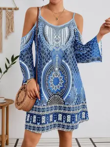 Elegant Off-Shoulder Bohemian Dress for Women, Casual Loose-Fitting Tank Top, Perfect for Beach and Spring Summer, Fashionable All over Print