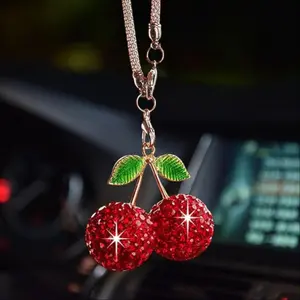 Shiny Cherry Car Rearview Mirror Charm, Cute Car Accessory, Luxury Style, Scratch-Resistant, for Female Drivers, Interior Decoration
