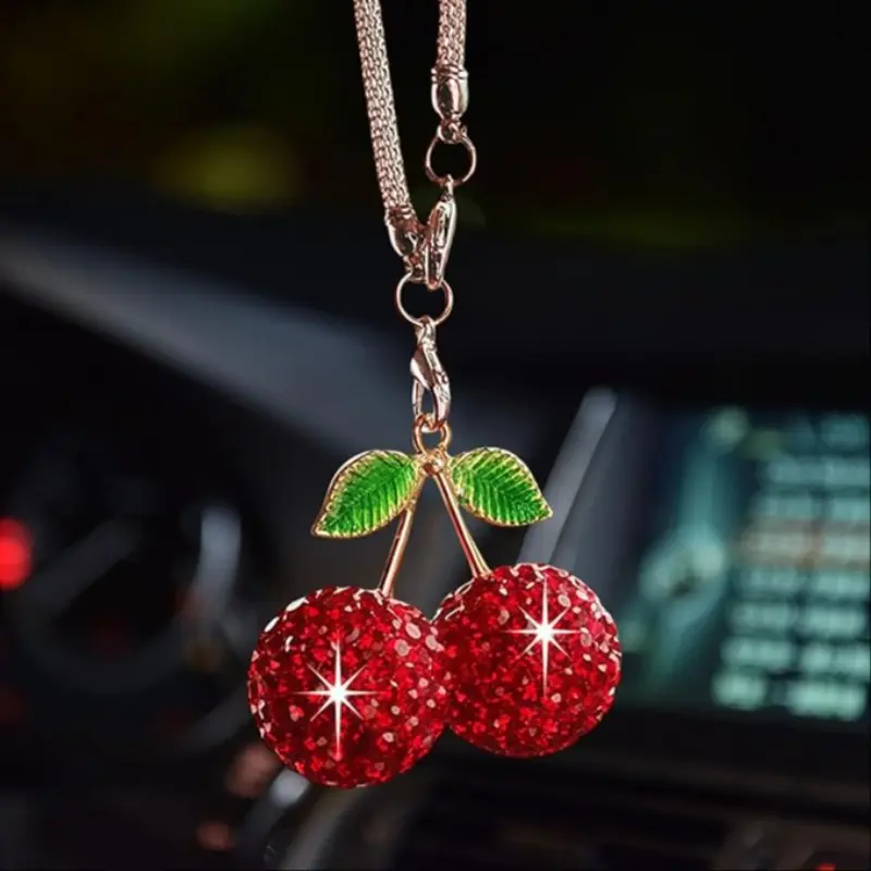 Shiny Cherry Car Rearview Mirror Charm, Cute Car Accessory, Luxury Style, Scratch-Resistant, for Female Drivers, Girly Car Accessories, Interior Decoration, Car Decor Gift, Car Ornaments, Bling Car Accessories