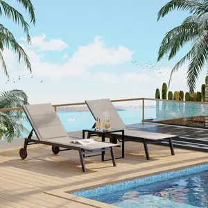 Outdoor Lounge Chair Set with Side Table, 2 Chairs and 1 Table, Lounge Chairs with Wheels, Poolside Loungers, Patio Chaise Lounge Chairs, Sunbathing Chair