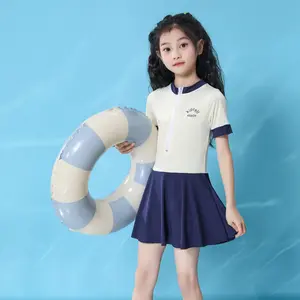 Girls one-piece swimsuit college style quick-drying swimsuit girls Korean version hot spring conservative one-piece skirt swimsuit shorts pullover zip-up swimsuit