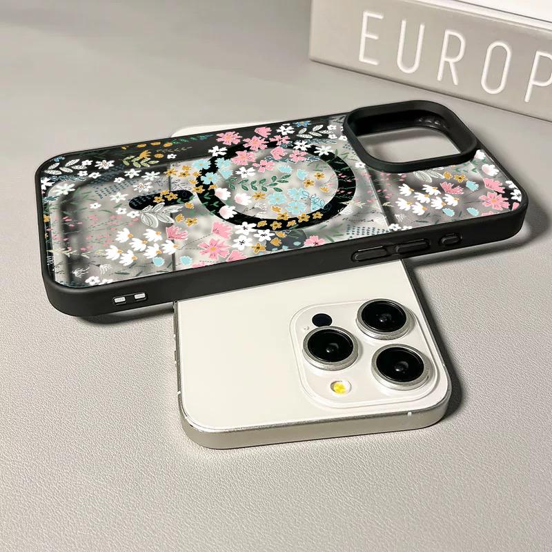 Chic Botanical Graphic Phone Case Hand-Drawn Style Pink, Blue & Yellow Wildflowers Paired With Lush Greenery Featuring Built-In Strong Magnet Ring Blending Smooth Macaron Texture With Secure Magsafe Compatibility For iPhone 17 16 15 14 13 12 11 X XS