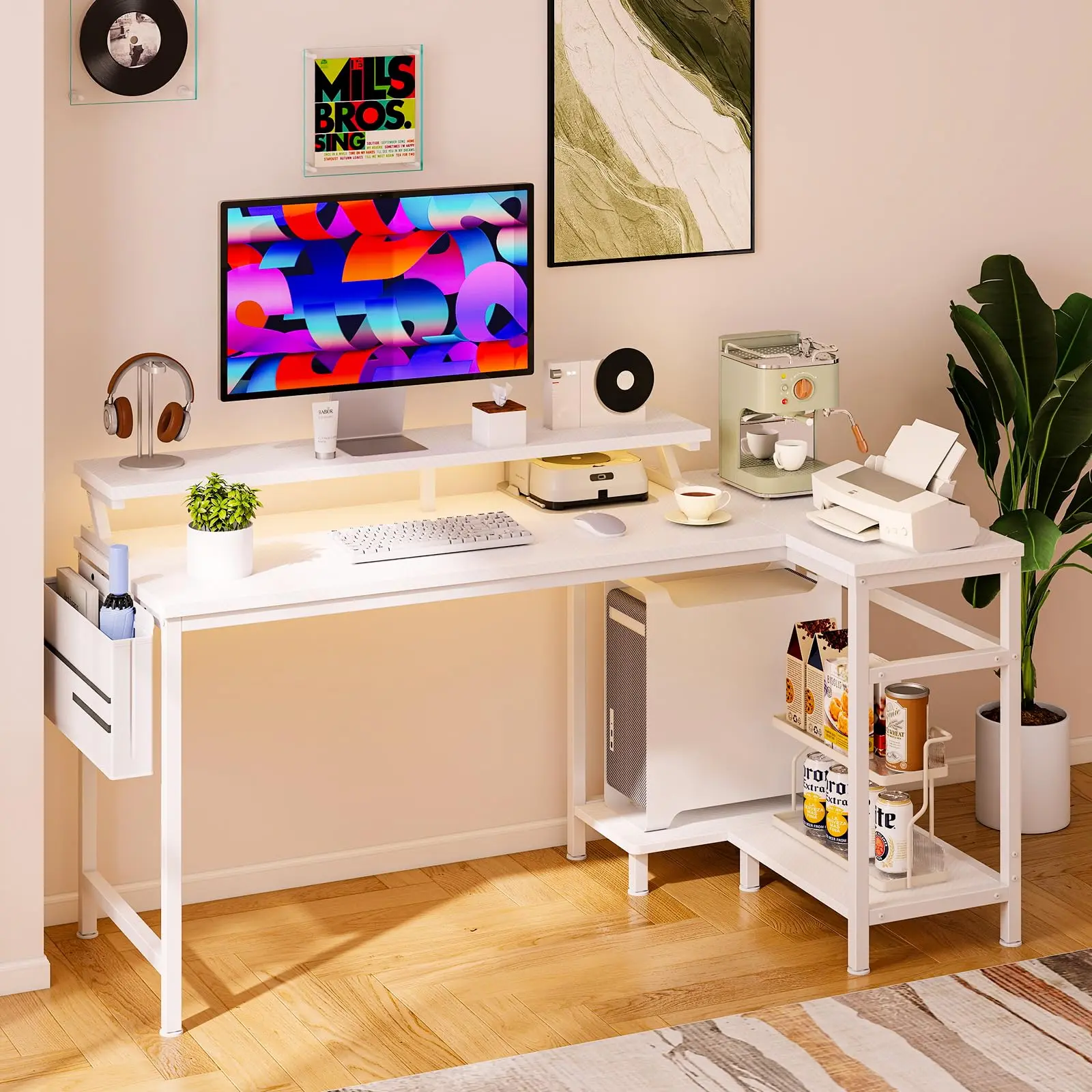 48 Inch L Shaped Gaming Desk with LED Lights and Power Outlets, Computer Corner Desk with Adjustable Monitor Stand, Storage Shelves, USB Charging Ports, Hanging Side Bag and PC Tower Stand, Reversible Design for Gaming Room, Home Office, Study Space