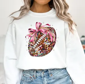 Coquette Football T-Shirt, Football Bow Shirt, Football Mom Shirt, Sequin Football Print Sweatshirt, Sweatshirt With Sequin Football And Pink Bow Design, Women's Sweatshirt With Football And Bow Print Unisex Sweatshirt With Sequin Football And Bow
