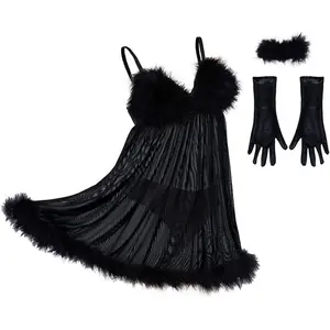 Fembot Costume - Sexy Mesh Suspender Dress with Feather Accents for Women
