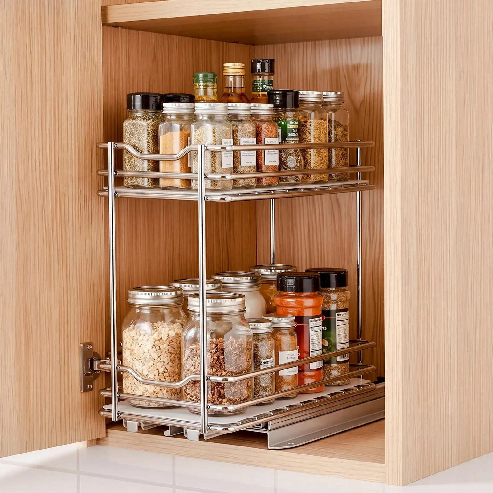 VEVOR 2-Tier Pull Out Cabinet-Rack Spice Organizer, Heavy Duty Chrome-Plated Metal Pantry Organizer with Noise Reduction, Wipe Clean Kitchen Basket, 4.33"W x 8.46"D x 10.43"H, Silver, Chrome-Plated Finish