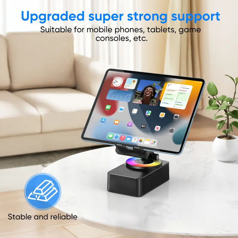 IMOLI Wireless Audio Induction Bluetooth Speaker with Emergency Charging 5in1 Phone Holder Power Bank LED Nightlight for Tablet iPhone Android 5.3 Connectivity 1500mAh Battery 100Hz-20kHz Frequency Response New Design Durable Smart Device 4