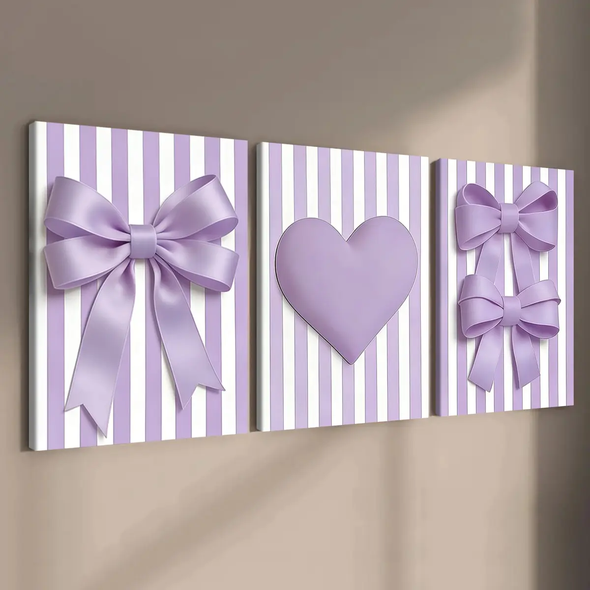 3-count wooden frame canvas, Wooden Wall Art, Indoor Decoration, light purple striped heart-shaped bow three-piece decorative poster, suitable for living room, corridor, office, bedroom decoration, waterproof printing