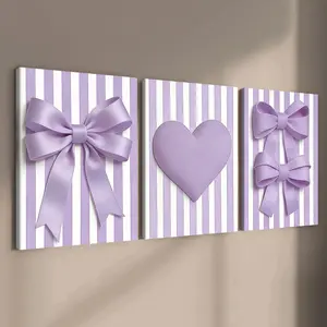 3-count wooden frame canvas, light purple striped heart-shaped bow three-piece decorative poster, modern family poster, fashionable living room decorative art, suitable for corridor, office, room and bedroom decoration, waterproof printing