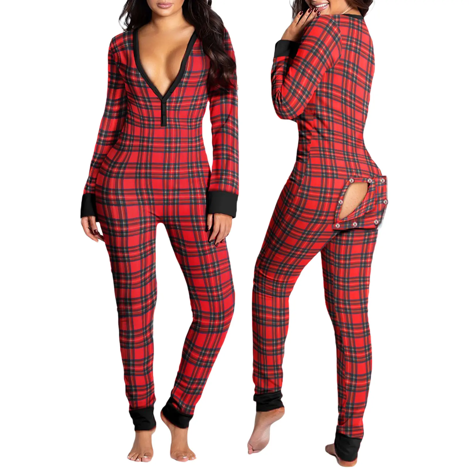 Women's Casual Cotton Sexy V-Neck Long Sleeve Button-Down Jumpsuit Pajamas with Button-Back Flap Bodysuit Rompers Sleepwear