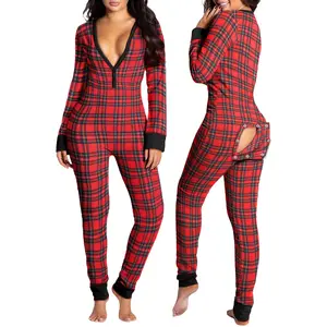 Women Sexy Butt Button Back Flap Jumpsuit Pajamas V-Neck Button Down Long Sleeve  Bodysuit Rompers Sleepwear