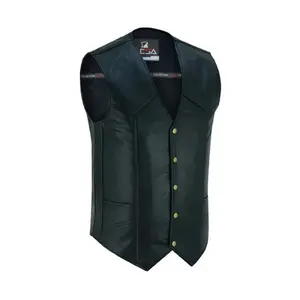 Men’s Black Leather Motorcycle Vest – Cowhide Biker Vest with V-Neck, Concealed Carry Pockets & Snap Closure