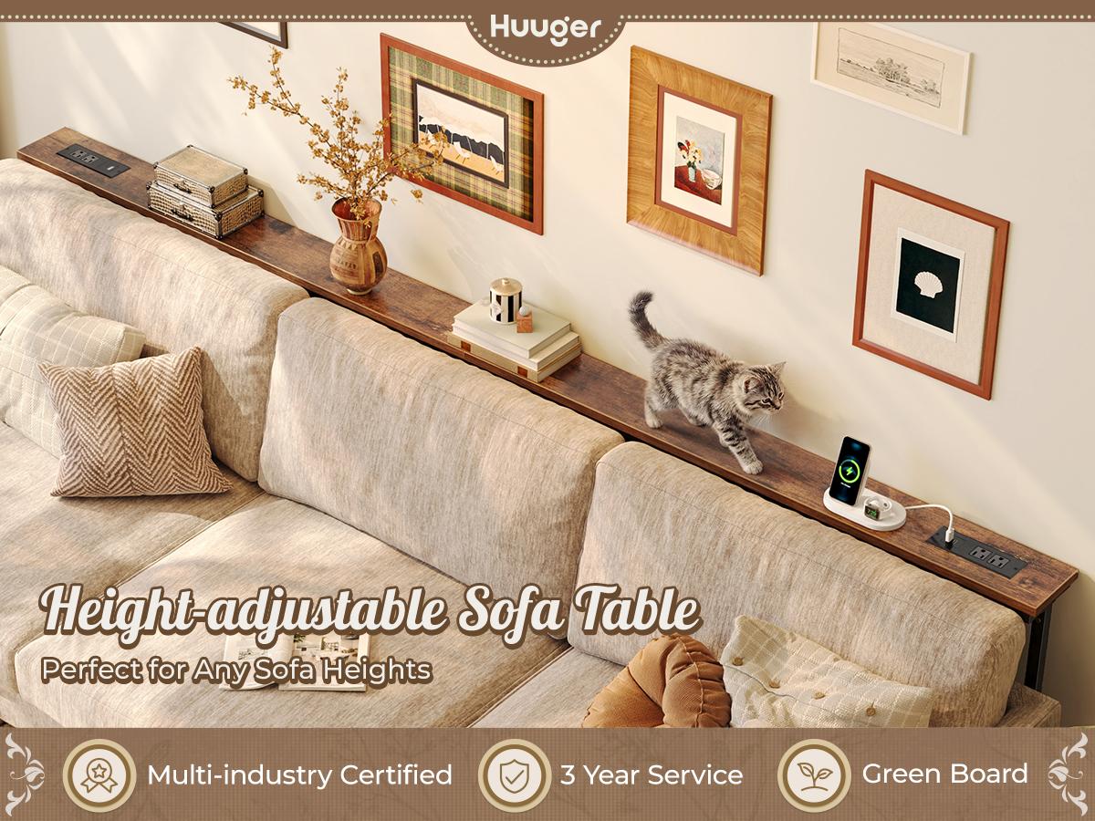 Huuger 78.7/39.4/51.2/102.4/110.2 Inch Behind Couch Table with Power Outlets, 23.9’’-34.4’’ Height Adjustable Range, Sofa Tables Narrow Long with USB-C Ports, Skinny Console Table