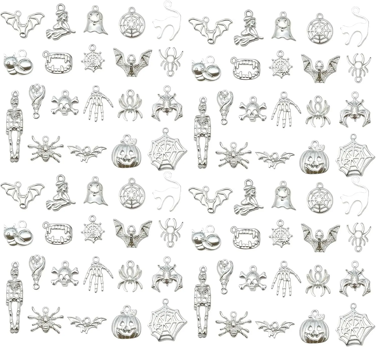 Halloween Fall Gift 60pcs Bright Silver Halloween Charms Bracelet Charms for Jewelry Making Sets DIY Necklace Bracelet Keychain Crafting Charms Kit Craft Supplies