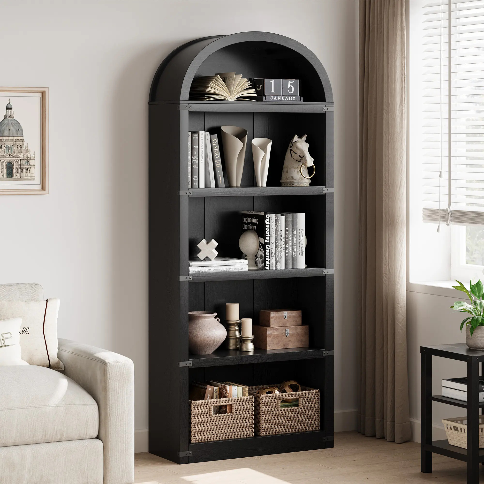 OUTGOODS 71.65in Farmhouse Arch 5-Tier Black Modern Bookshelf - Industrial Sturdy Metal Accent Build Natural Wood Finish Floor-Standing Storage Cabinet with Doors, Anti-Tip Safe, Easy Install for Home Office, Balcony Storage