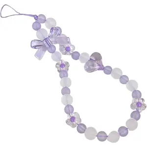 Purple Cell Phone Charms Flower Heart Lanyard Wrist Straps Rope Cute Sweet  Pendant Accessories