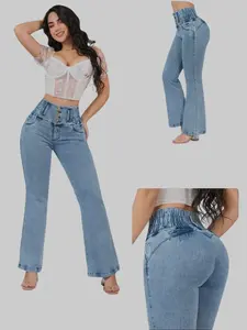 Jeans Colombianos REF 7058 High Waist Stretch Flare Bell Bottom for Women with Button Closure Comfortable Fit