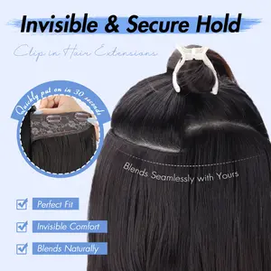 HIUSVO Clip in Hair Extensions, Long Wavy Layered Synthetic Hair Extensions for Women  Invisible Wire Hair Extensions Soft Hairpieces 20 Inch