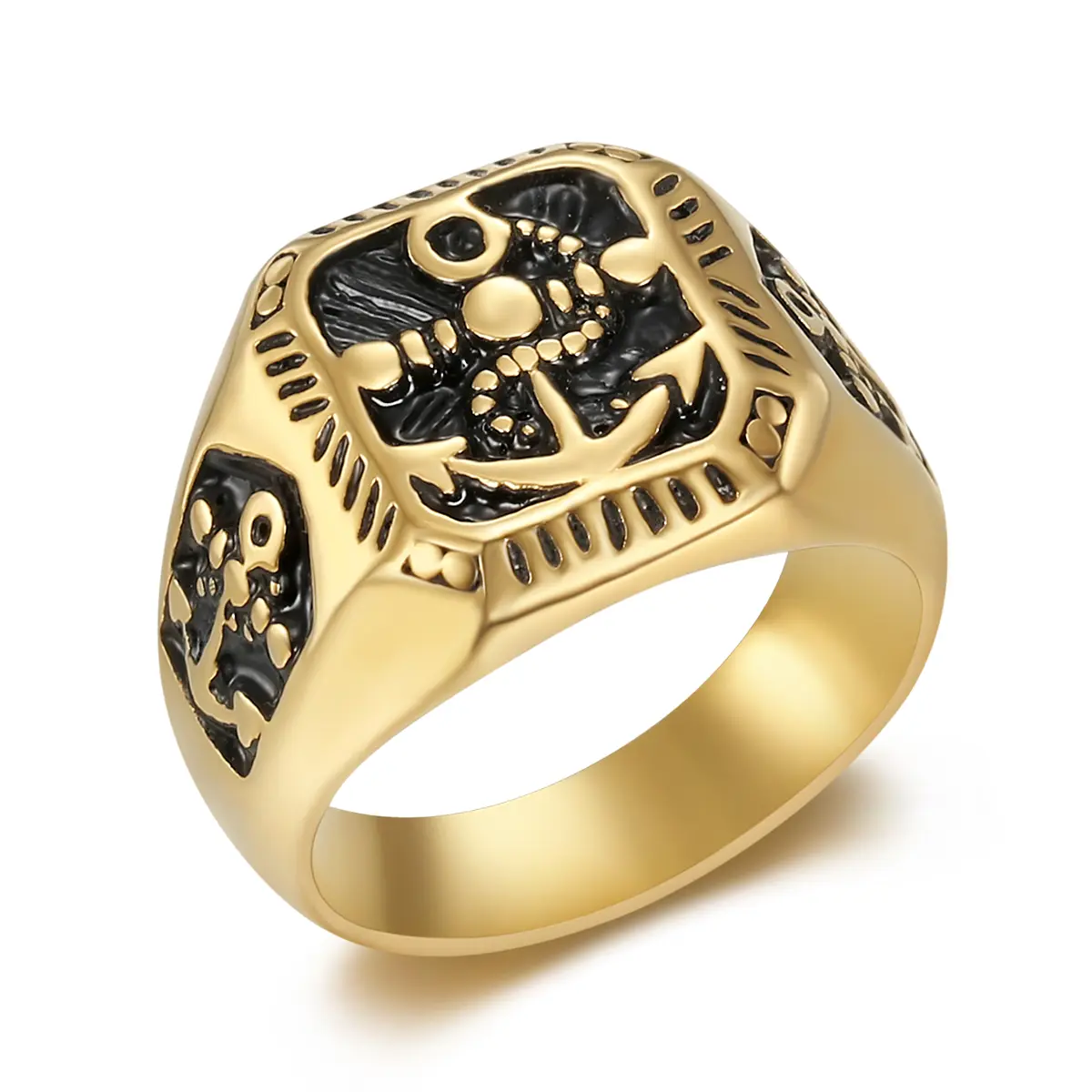 Men's Exquisite Trendy Geometric Gold Square Stainless Steel Ring - Vintage Embossed Anchor Ring, Retro Hip Hop Punk Street Fashion Accessory, Exquisite Trendy Ring, Vintage Embossed Ring