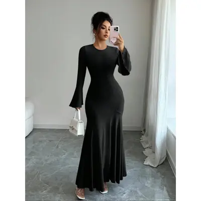 summer dresses long sleeve midi Flowing Midi Dress with 3/4 Sleeves and Dramatic Drape Spring/Summer '26 Blue Sparkle / XX-Large