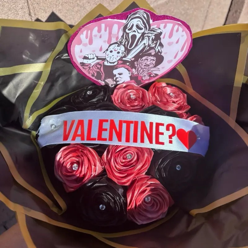 Black and Pink Eternal Rose Bouquet with Valentine's Day Theme and Heart-Shaped Decor