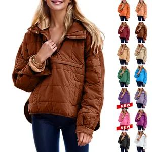 Women's Oversized Puffer Jacket Quilted Dolman Hoodies Pullover Long Sleeve Lightweight Warm Tops with Big Chest Pocket